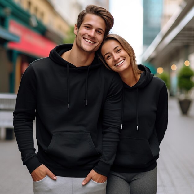 Illustration of a fashion couple portrait with plain hoodie mockup created as a generative artwork using AI