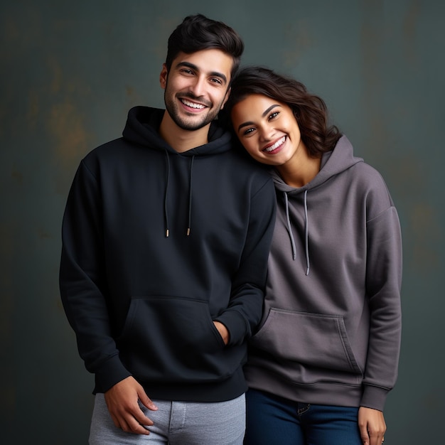 Illustration of a fashion couple portrait with plain hoodie mockup created as a generative artwork using AI