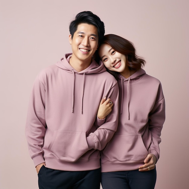 Illustration of a fashion couple portrait with plain hoodie mockup created as a generative artwork using AI
