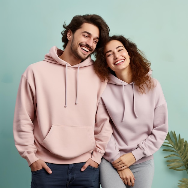 Illustration of a fashion couple portrait with plain hoodie mockup created as a generative artwork using ai