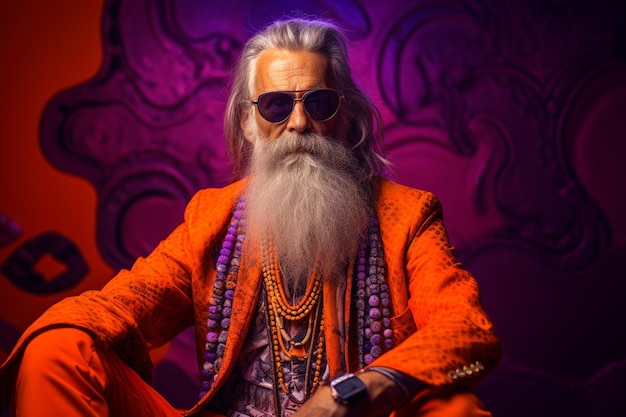 illustration of a fashion orange bearded man with sunglasses is posing on a colorful background