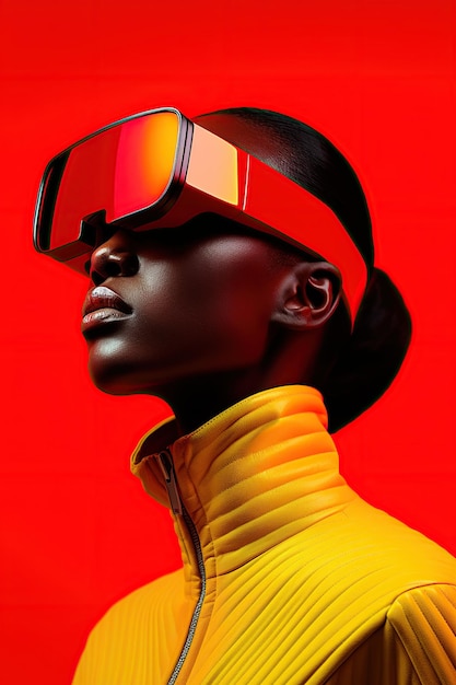 Illustration of a fashion portrait wearing a virtual reality VR headset created as a generative artwork using AI