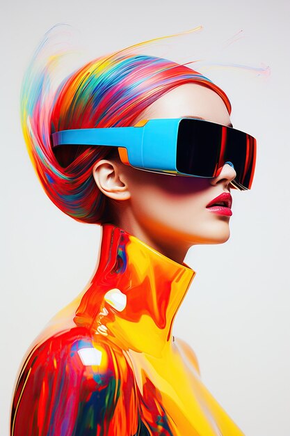 Illustration of a fashion portrait wearing a virtual reality VR headset created as a generative artwork using AI