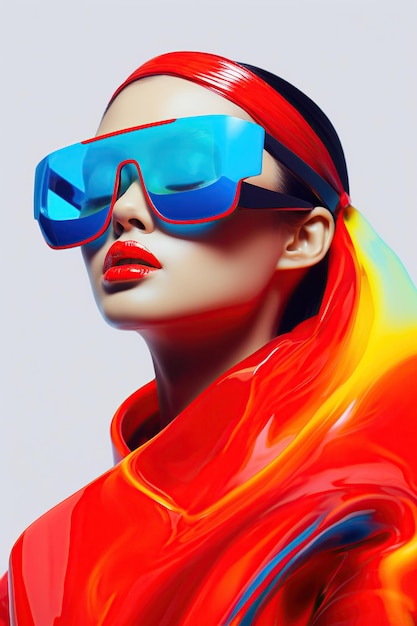 Illustration of a fashion portrait wearing a virtual reality VR headset created as a generative artwork using AI