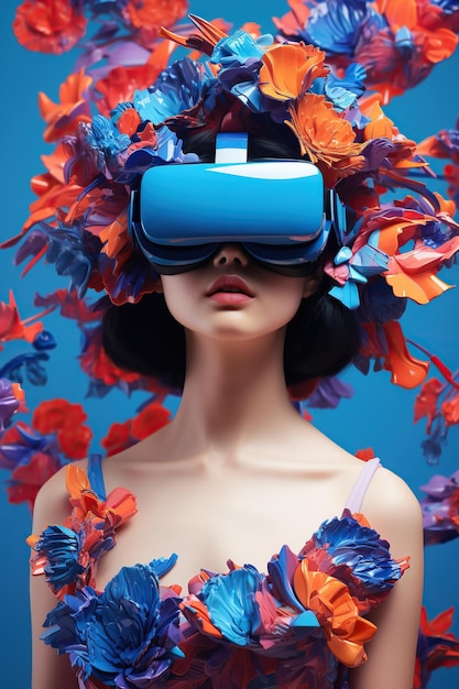Illustration of a fashion portrait wearing a virtual reality VR headset created as a generative artwork using AI