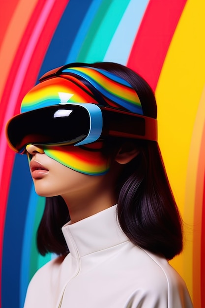 Illustration of a fashion portrait wearing a virtual reality VR headset created as a generative artwork using AI