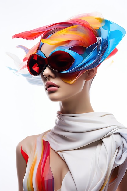 Illustration of a fashion portrait wearing a virtual reality VR headset created as a generative artwork using AI