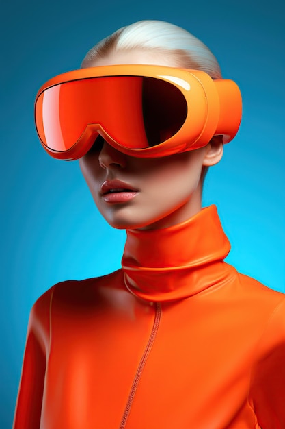 Photo illustration of a fashion portrait wearing a virtual reality vr headset created as a generative artwork using ai