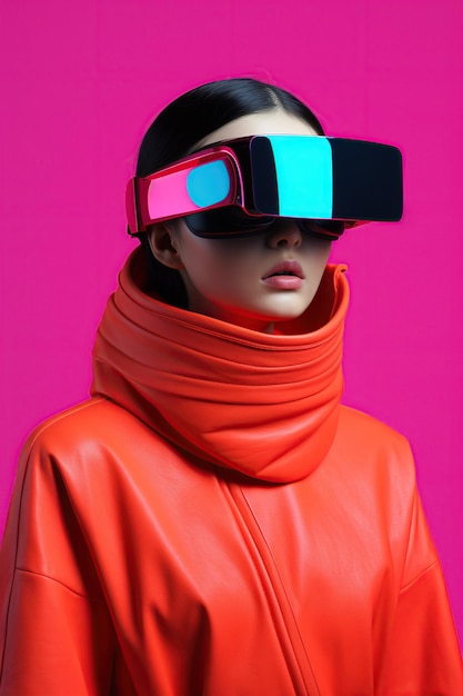 Illustration of a fashion portrait wearing a virtual reality VR headset created as a generative artwork using AI