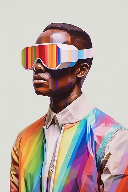 Illustration of a fashion portrait wearing a virtual reality VR headset created as a generative artwork using AI