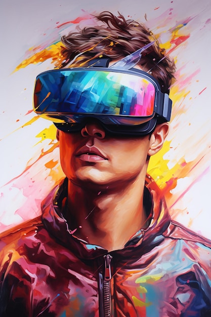 Illustration of a fashion portrait wearing a virtual reality VR headset created as a generative artwork using AI