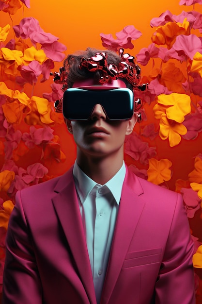 Illustration of a fashion portrait wearing a virtual reality vr headset created as a generative artwork using ai