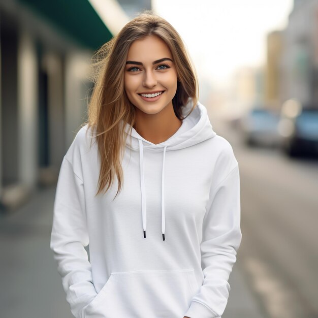 Illustration of a fashion portrait with plain hoodie mockup created as a generative artwork using AI