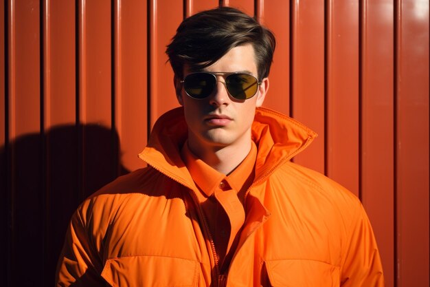 illustration of fashion young man in a orange jacket leaning against a background