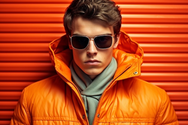 illustration of fashion young man in a orange jacket leaning against a background