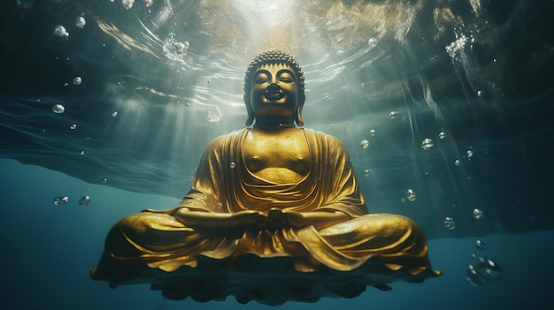 Photo illustration of fat golden buddhas stature is surrounded by floati gerative ai