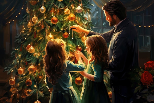 Illustration of Father and daughters arranging decorations on Christmas tree