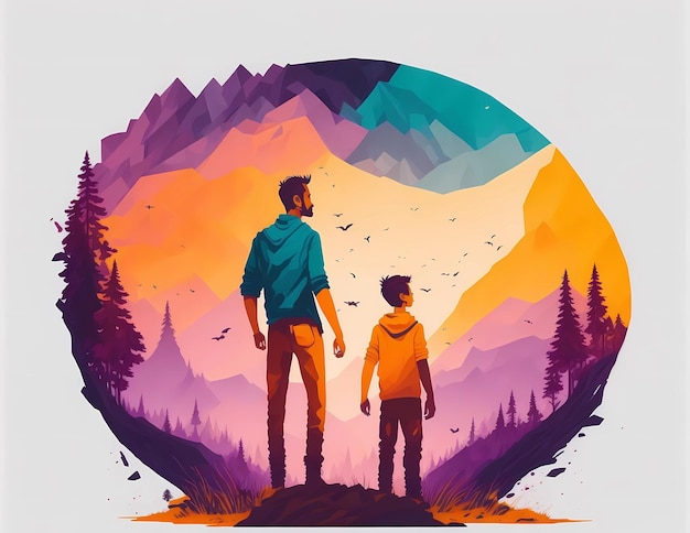 Illustration of a father and his boy stand in front of a mountain landscape father's day