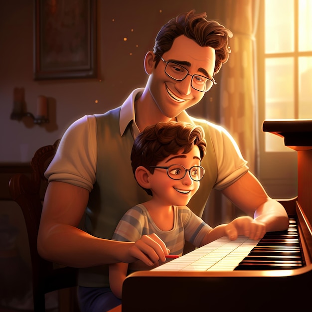 illustration of Father and son playing piano together happy pixar