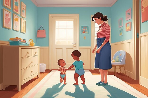 Foto un'illustrazione che mostra un bambino che impara a camminare in una stanza con la madre