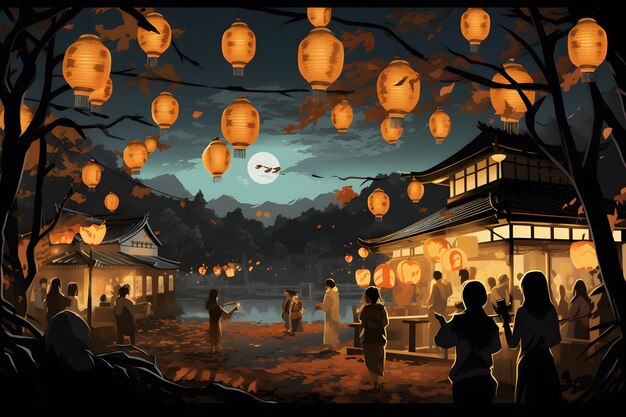 An illustration featuring a Japanese Halloween festival called Obon where people light lanterns