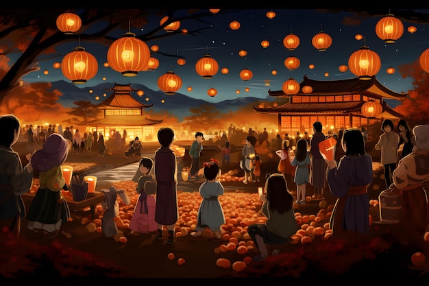 Foto un'illustrazione che rappresenta un festival giapponese di halloween chiamato obon in cui le persone accendono lanterne