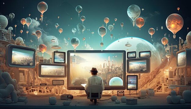 Illustration featuring a surreal arrangement of floating media screens