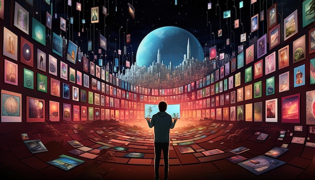 Illustration featuring a surreal arrangement of floating media screens