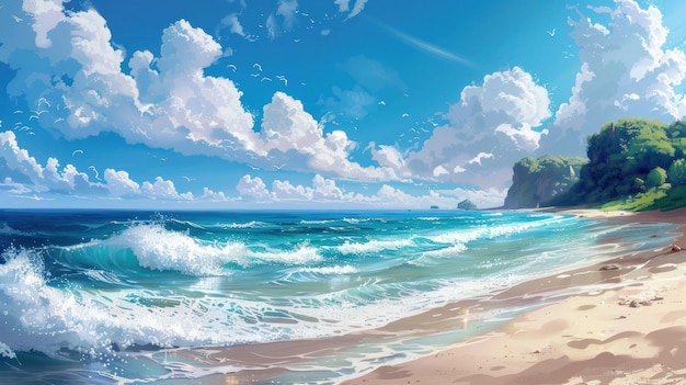 Illustration Featuring Vibrant Coastal Scene Wallpaper