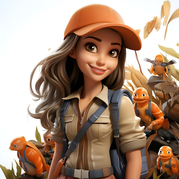 Illustration of a female backpacker with many birds in the background