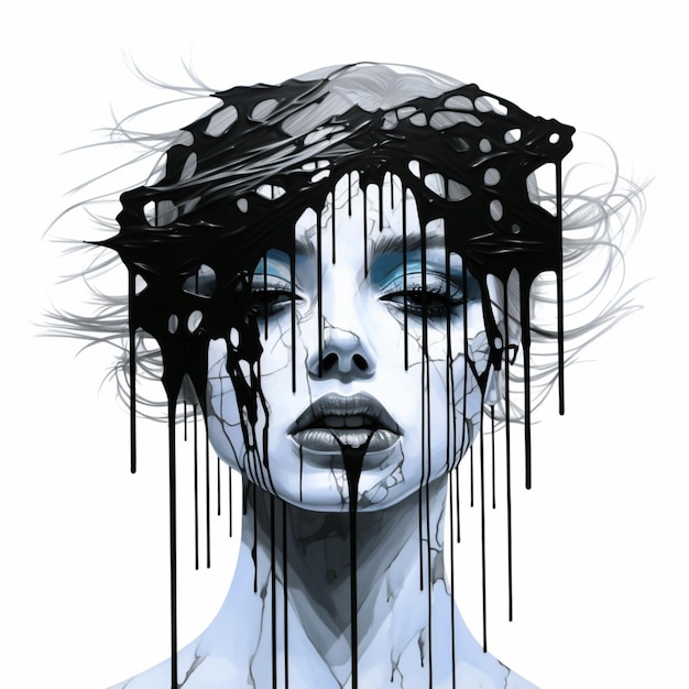 Illustration of female face with black and white paint splash Ai generated art