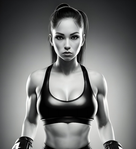 Illustration of a female fighter posing in a studio environment