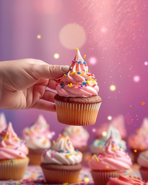 Illustration of female hand holding birthday cupcake
