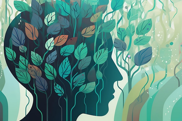 Illustration of female head with plants Mindfulness and self care idea Generative AI