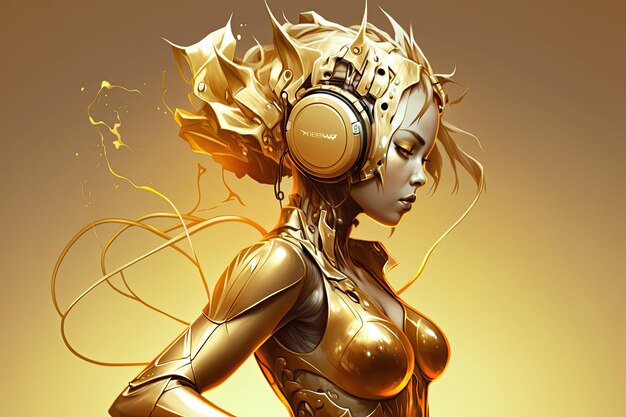 Illustration of a female humanoid robot with headphones enjoying and feeling the music on a gold background Generative AI