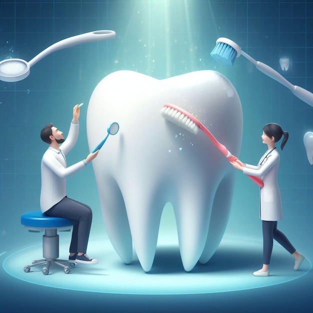 Photo illustration of a female and male dentist brushing a large tooth