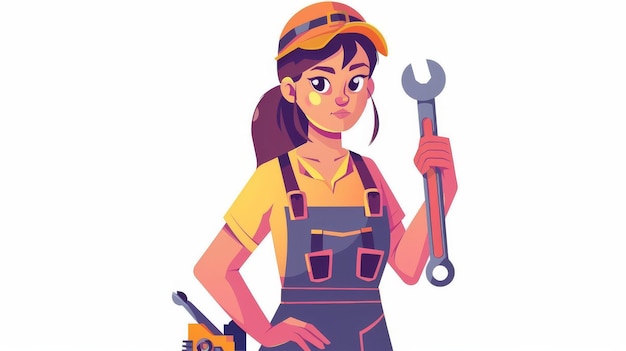 An illustration of a female mechanic holding a spanner An illustration of a female handyman with different appliances in the background