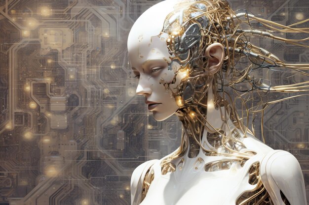 未来主義的なスタイルの女性ロボットのイラスト ライトゴールドとホワイト 人間のつながり 心を曲げる壁画