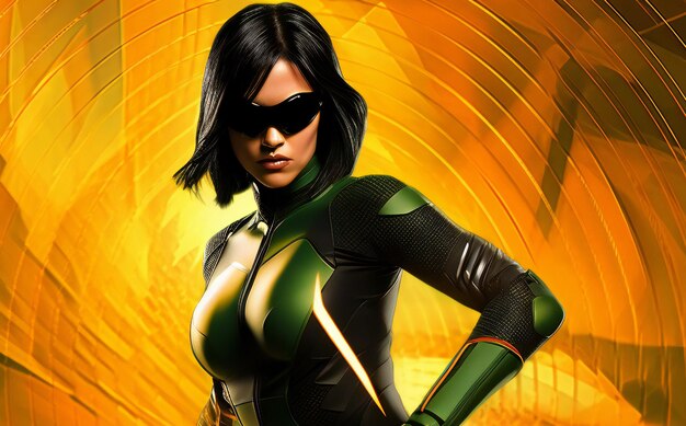 Illustration of a female superhero with a futuristic background