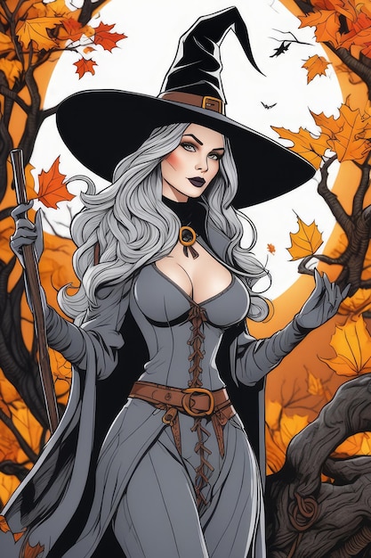 Illustration of a female witch wearing a black hat halloween look