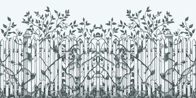 Illustration of a fence with plants in the style of engraving floral fence decoration backdrop