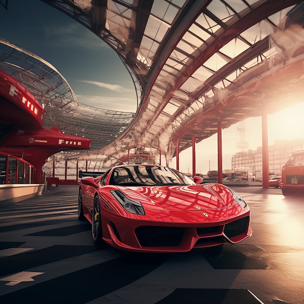 Иллюстрация тематического парка Ferrari World, снятая на портрете Фудзи