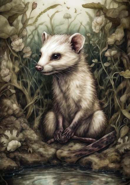 Illustration of a Ferret in a fictional scenery for frame Pet animal concept art