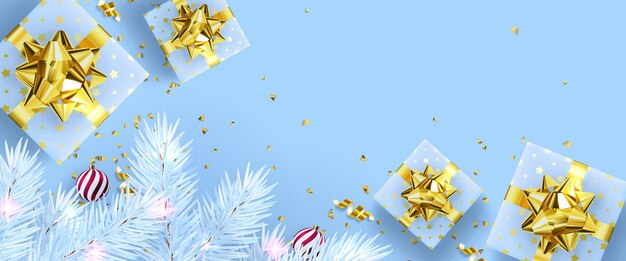 illustration Festive background with New Year and Merry Christmas banner with gifts