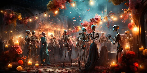 illustration of festive dressed skeletons at ball costume Halloween party