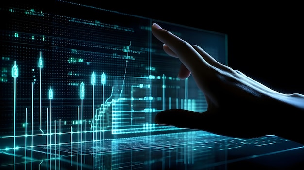 Иллюстрация пальца, указывающего на экран голограммы финансовой статистики, генерирующей ИИ