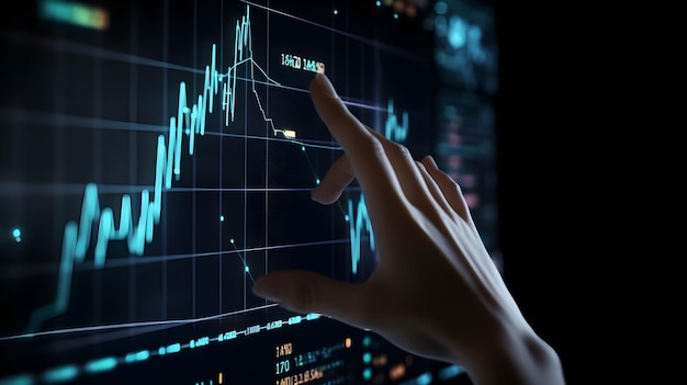 Illustration of a finger pointing at a stock statistics data hologram screengenerative ai