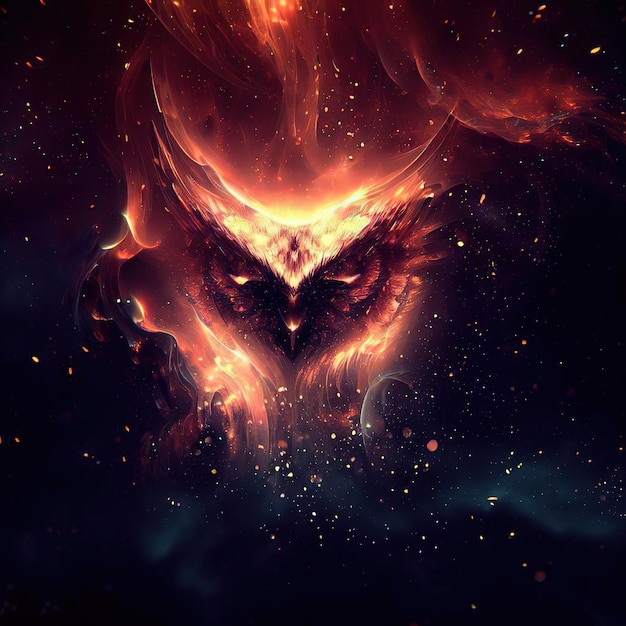 An illustration of a fire bird with a large owl face