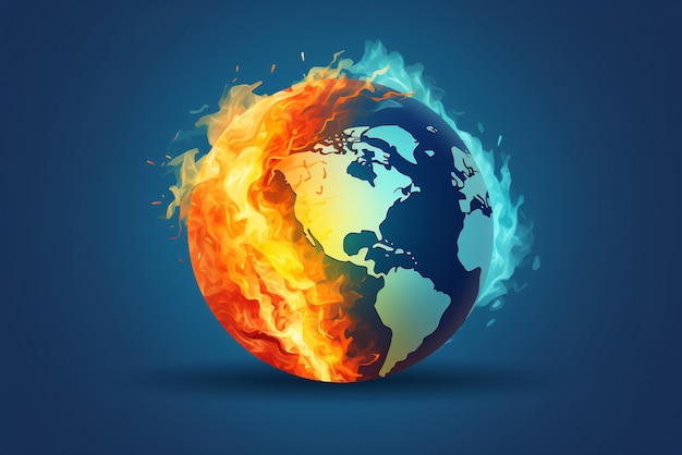 Illustration of fire burning globe on blue background Concetual of global warming