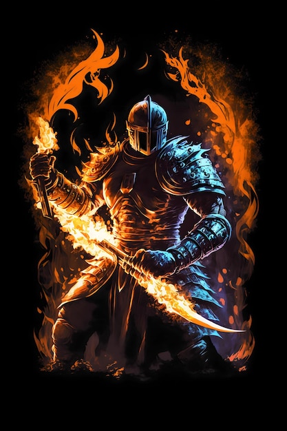 An illustration of fire wizard warrior with holdoing burning fire sword and flame background or fantasy and game character Good for tshirt mug poster bed cover pillow phone case and other